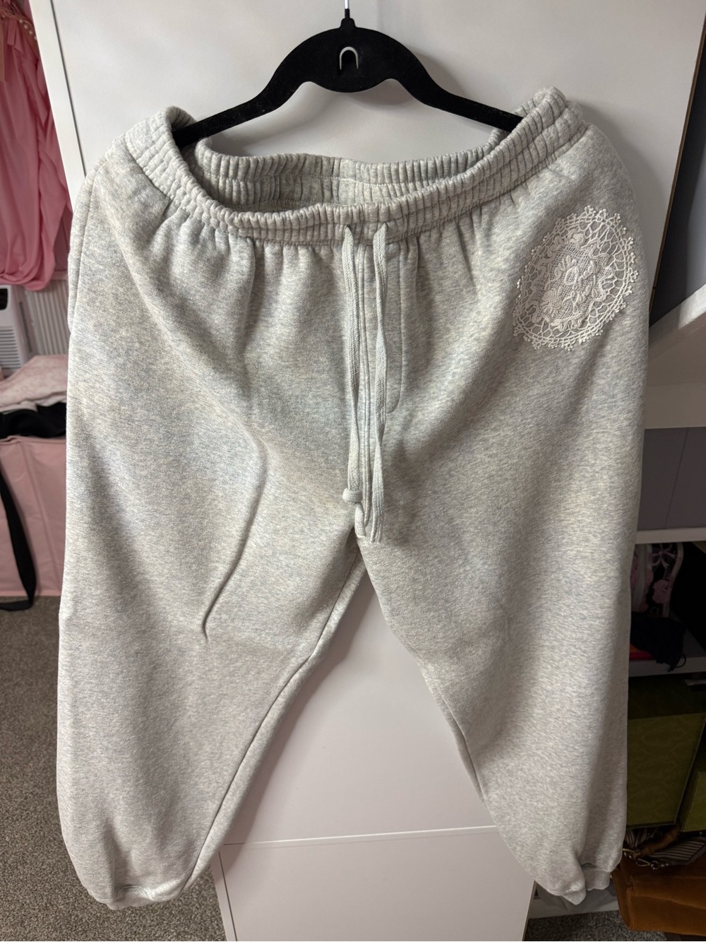 LoveShackFancy Heather Gray Embroidered Lace-Accent Sweatshirt and Sweatpants - Picture 3 of 5